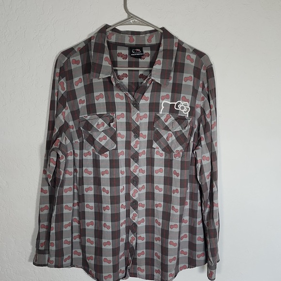 Hello Kitty Tops - Hello Kitty Gray Sanrio Plaid Button-Up Shirt Women Plus 2X‎ 100% Cotton